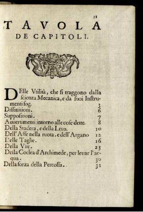 Tavola De Capitoli.