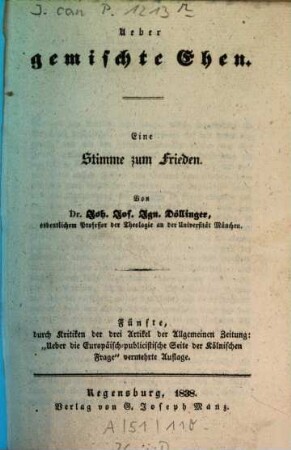 Ueber gemischte Ehen : eine Stimme zum Frieden