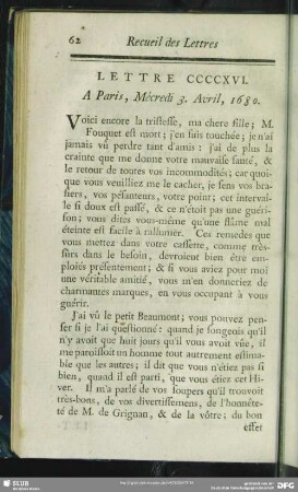 Lettre CCCCXVI. A Paris, Mécredi 3. Avril, 1680
