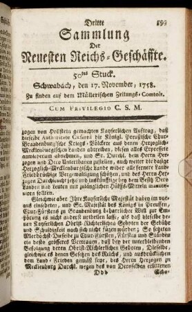 50tes Stuck. Schwabach, den 17. November 1758.