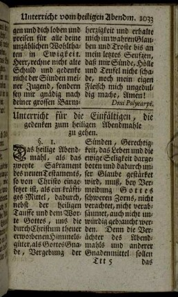 Unterricht für die Einfältigen, die gedenken zum heiligen Abendmahle zu gehen.