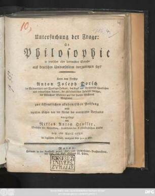Untersuchung der Frage: Ob Philosophie in deutscher oder lateinischer Sprache auf deutschen Universitäten vorzutragen sey? : den 7ten April 1786 ...