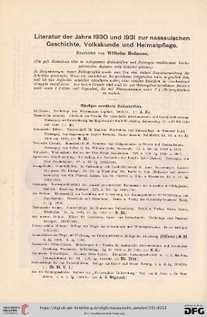 Literatur der Jahre 1930 und 1931 zur nassauischen Geschichte, Volkskunde und Heimatpflege