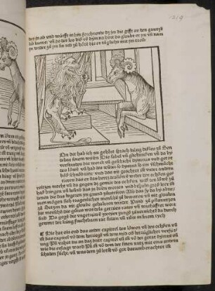Dimna vor dem Löwen; (Kapitel II: Von dem Löwen und dem Ochsen)