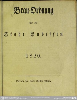 Brau-Ordnung für die Stadt Budissin 1820