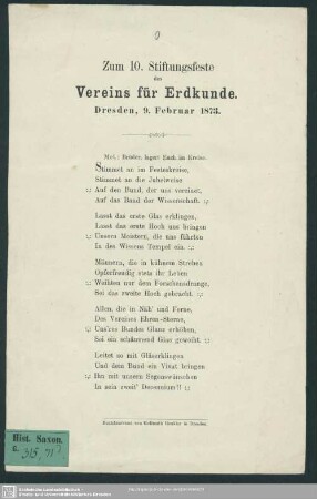 Zum 10. Stiftungsfeste des Vereins für Erdkunde : Dresden, 9. Februar 1873