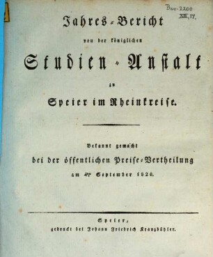 Jahresbericht über die Kgl. Studienanstalt in Speier : für das Studienjahr ..., 1820