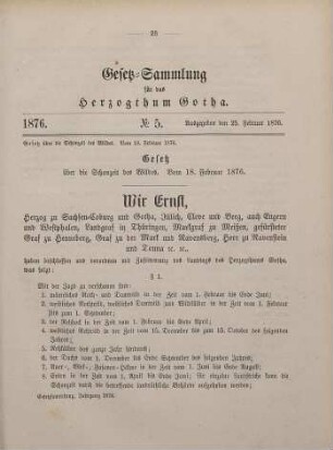 5. Gesetz über die Schonzeit des Wildes. Vom 18. Februar 1876