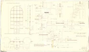 Döllgast, Hans; München; Alte Pinakothek, Wiederaufbau - Rundbogenfenster mit Türe (Details; Ansicht; Grundriss)