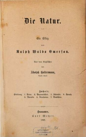 Die Natur : Ein Essay von Ralph Waldo Emerson. Aus dem Englischen von Adolph Holtermann