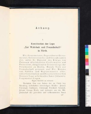 I. Konstitution der Loge "Zur Wahrheit und Freundschaft" in Fürth.