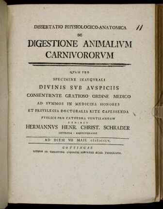 Dissertatio Physiologico-Anatomica De Digestione Animalium Carnivororum
