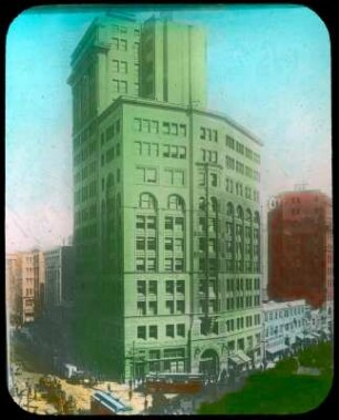 San Francisco. Chronicle Building (1889; Burnham & Root; Erweiterung 1896,1898). Aufnahme nach dem Erdbeben vom 6. April 1906 (Wiederaufbau 1906; W. Polk)