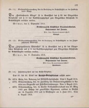 Nr. 113: Inhaltsverzeichnis aus dem Reichs-Gesetzblatt