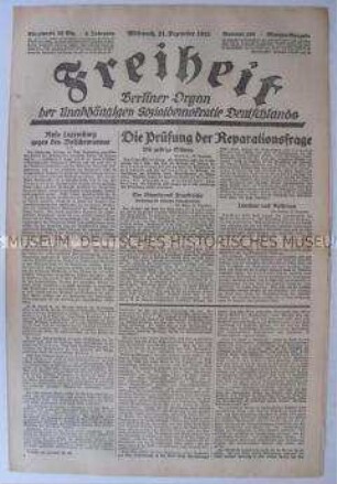 Tageszeitung der USPD Berlin "Freiheit" u.a. zur Reparationsfrage