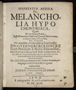 Disputatio Medica De Melancholia Hypo Chondriaca