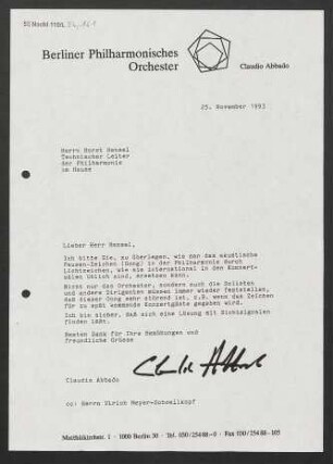 Brief an Horst Hensel an Philharmonie (Berlin), 25.11.1993