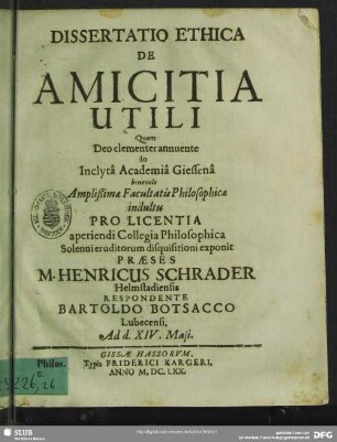 Dissertatio Ethica De Amicitia Utili