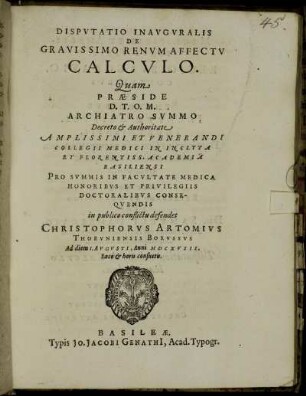 Disputatio Inauguralis De Gravissimo Renum Affectu Calculo