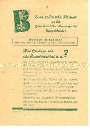 Propagandaflugblatt der Demokratischen Bauernpartei Deutschlands mit Mitgliederwerbung