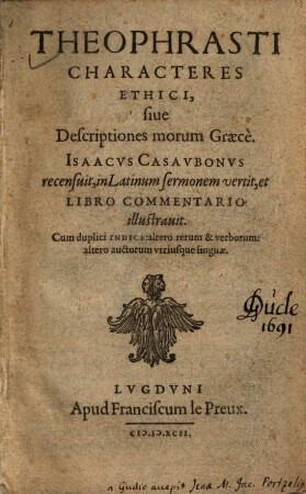 Theophrasti Characteres ethici sive descriptiones morum : Graece