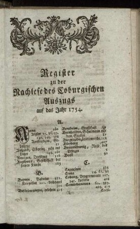 Register zu der Nachlese des Coburgischen Auszugs auf das Jahr 1754.