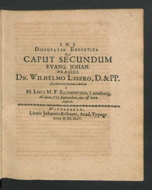 Disputatio Exegetica In Caput Secundum Evang. Johan.