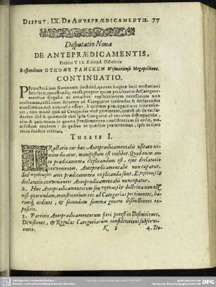 Disputatio Nona De Antepraedicamentis
