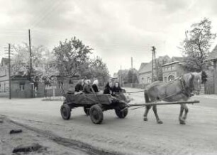 Ansicht von Halbendorf : Ort: Brězowka / Halbendorf. Dorfstraße, Gruppe von Frauen mit Pferdegespann