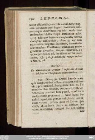 Sectio II. De operationibus gratiae s. institutis divinis ad salutem Christianam impertiendam.