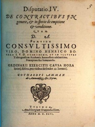 Classis I. disp. IV. de contractibus in genere, et in specie de emptione et venditione