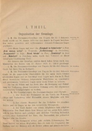 I. Theil. Organisation der Grossloge.