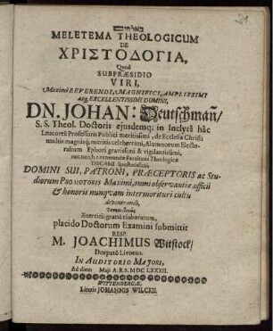 Meletema Theologicum De Christodogia
