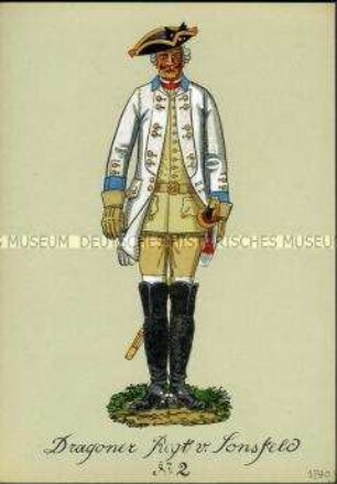 Uniformdarstellung, Gemeiner des Dragoner-Regiments (von Sonsfeld) D II, Preußen, 1740.