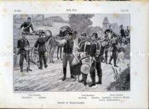 Uniformdarstellung, Zivilist und Mädchen, Infanterie bei der Einquartierung, Preußen, 1910/1912. Tafel 22 aus: Knötel: Preußen, Unser Heer.