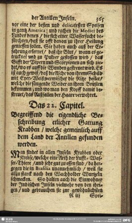 Das 22. Capitel. Begreiffend die eigendliche Beschreibung etlicher Gattung Krabben, welche gemeinlich auff dem Land der Antillen gefunden werden