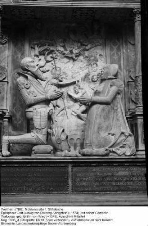 Stiftskirche; Epitaph für Graf Ludwig von Stolberg-Königstein (+1574) und seiner Gemahlin Walburga, geb. Gräfin von Wied (+1578), Ausschnitt Mittelteil