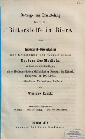 Beiträge zur Ermittelung fremder Bitterstoffe im Biere : Inaugural-Dissertation