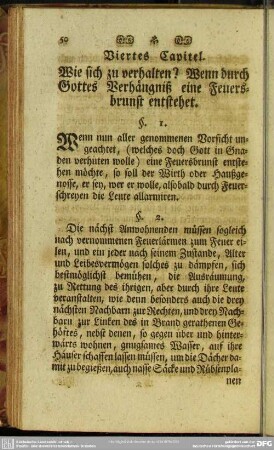 Viertes Capitel. Wie sich zu verhalten? Wenn durch Gottes Verhängniß eine Feuersbrunst entstehet