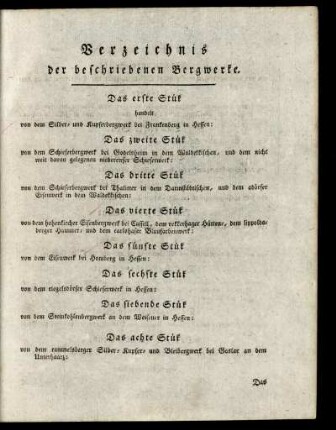 Verzeichnis der beschriebenen Bergwerke.