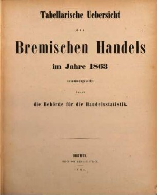 Tabellarische Übersicht des bremischen Handels : im Jahre ..., 1863