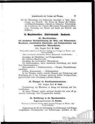 IV. Maschinenlehre, Elektrotechnik, Baukunde