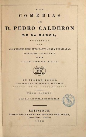 Las comedias de Pedro Calderon de la Barca : en cuatro tomos, 4