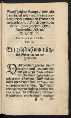 Ein tröstlich und nützlich Gebet/ zur zeit der Pestilentz.