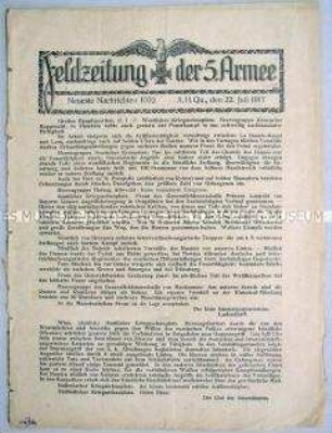 Nachrichtenblatt der 5. Armee mit Kurzmeldungen von verschiedenen Kriegsschauplätzen