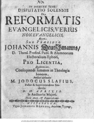 Disputatio Solennis De Reformatis Evangelicis, Verius Non Evangelicis