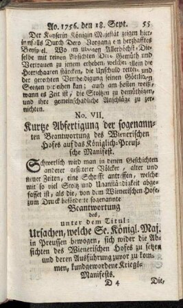 No. VII. Kurtze Abfertigung der sogenannten Beantwortung des Wienerischen Hofes auf das Königlich-Preussische Manifest.