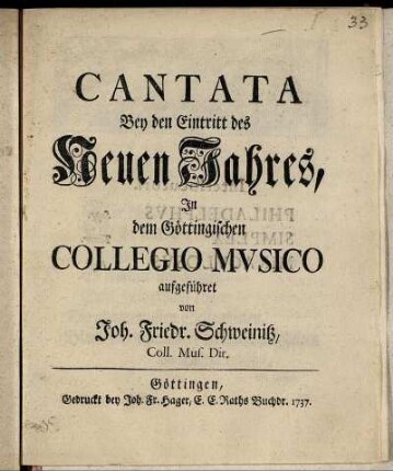Cantata Bey den Eintritt des Neuen Jahres, In dem Göttingischen Collegio Musico aufgeführet