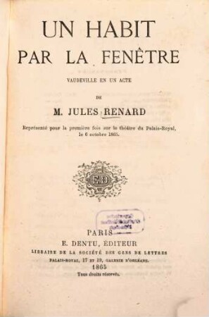 Un habit par la fenêtre : Vaudeville en un acte