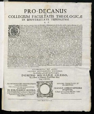 Pro-Decanus Et Collegium Facultatis Theologicae In Universitate Tubingensi L. S.